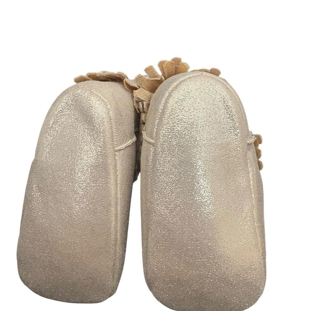 Rising Star‎ Baby Crib Shoes Gold Fringe Moccasins Size 9-12 4.5” Soft Sole